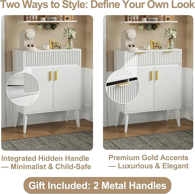 Sideboard Storage Cabinet with 2 Drawers & 2 Doors, Fluted Kitchen Buffet Cabinet with Adjustable Shelves, Coffee Bar Station for Living Room, Entryway, 13.8 x 27.6 x 35.6 Inches, White