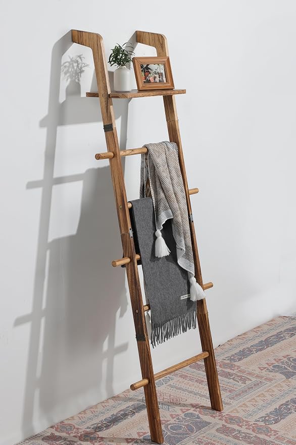 DELITON Blanket Ladder, 5-Tier Wooden Farmhouse Style Towel Rack with Shelf and Hooks, Wall Leaning Decorative Ladder for Living Room, Bedroom, Bathroom