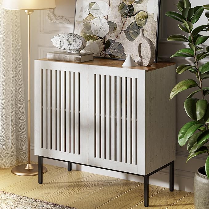 31.5" Farmhouse Buffet Cabinet with Metal Base, Adjustable Shelf & 2 Doors, Antique White Storage Sideboard for Kitchen, Dining & Living Room