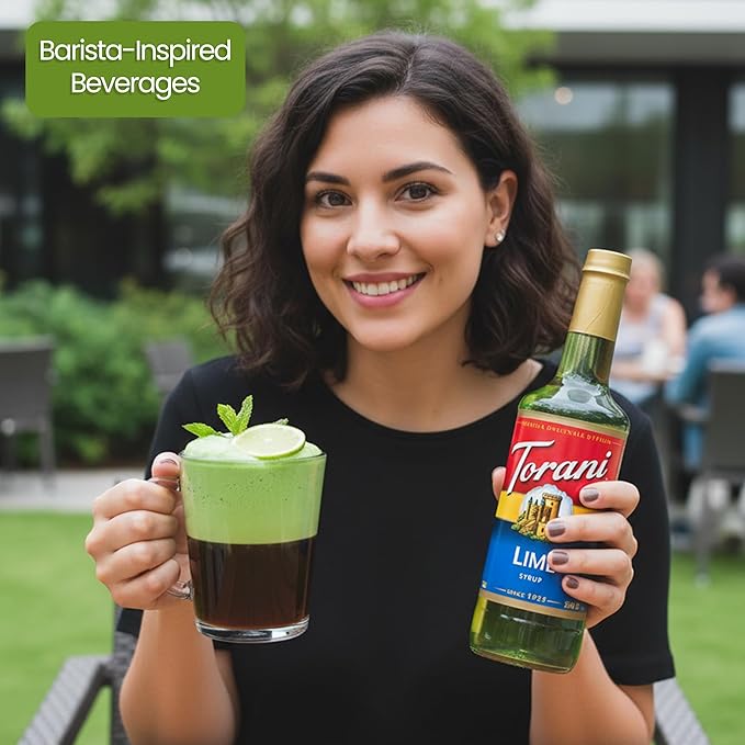 Jimoco Barista Set – Torani Lime Syrup 25.4 oz, Jimoco Pump, Reusable Cup, Straw & Stirrer – Coffee, Italian Soda & Cocktail Flavoring Kit