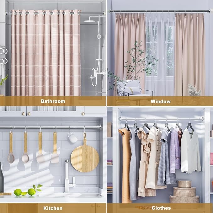 Ausemku Shower Curtain Rod Tension, 32-104 Inch Adjustable Heavy Duty Spring Tension Curtain Rod, No Drill Stainless Steel Telescoping Rod for Bathroom, No Rust, Silver