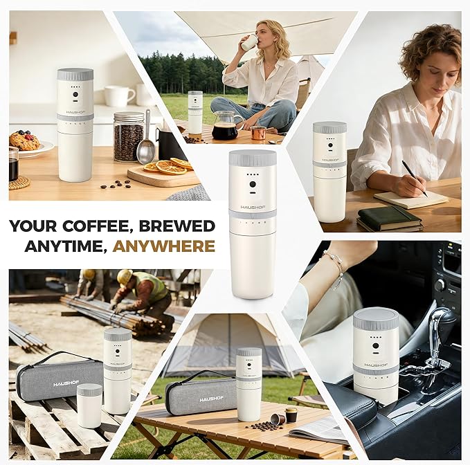 HAUSHOF Portable Coffee Maker, Camping Coffee Makers Travel Mini Coffee Maker, Portable Travel Coffee Maker with Grinder, Personal Cordless Travel Coffee Maker for Car, Camping, and Home