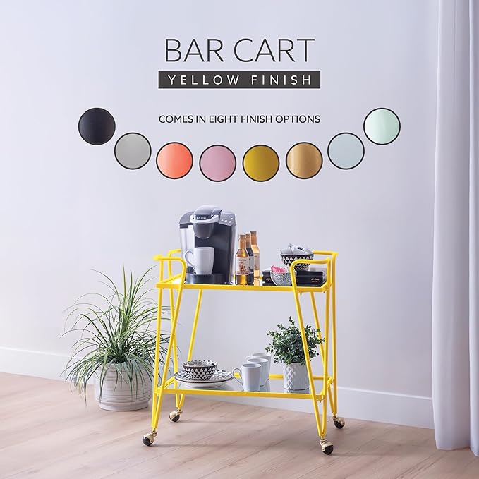 Gina Yellow Mid Century Bar Cart with Mirrored Shelves by Linon