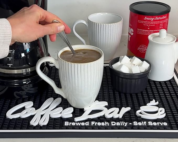 Coffee Station Mat Brewed Fresh Daily Self Serve Coffee Bar Mat for Countertop, Large 18 x 12 in for Modern Kitchen Decor and Accessories, Bar Mats for Bartending