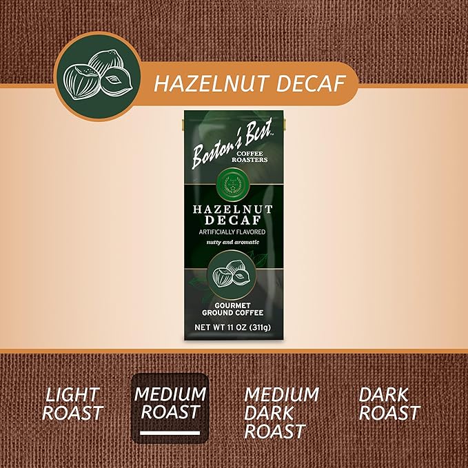Boston’s Best Coffee - Hazelnut Decaf Gourmet Delicious Medium Roast Nutty Premium Ground Coffee, 11 oz. / 311 g Coffee Bag