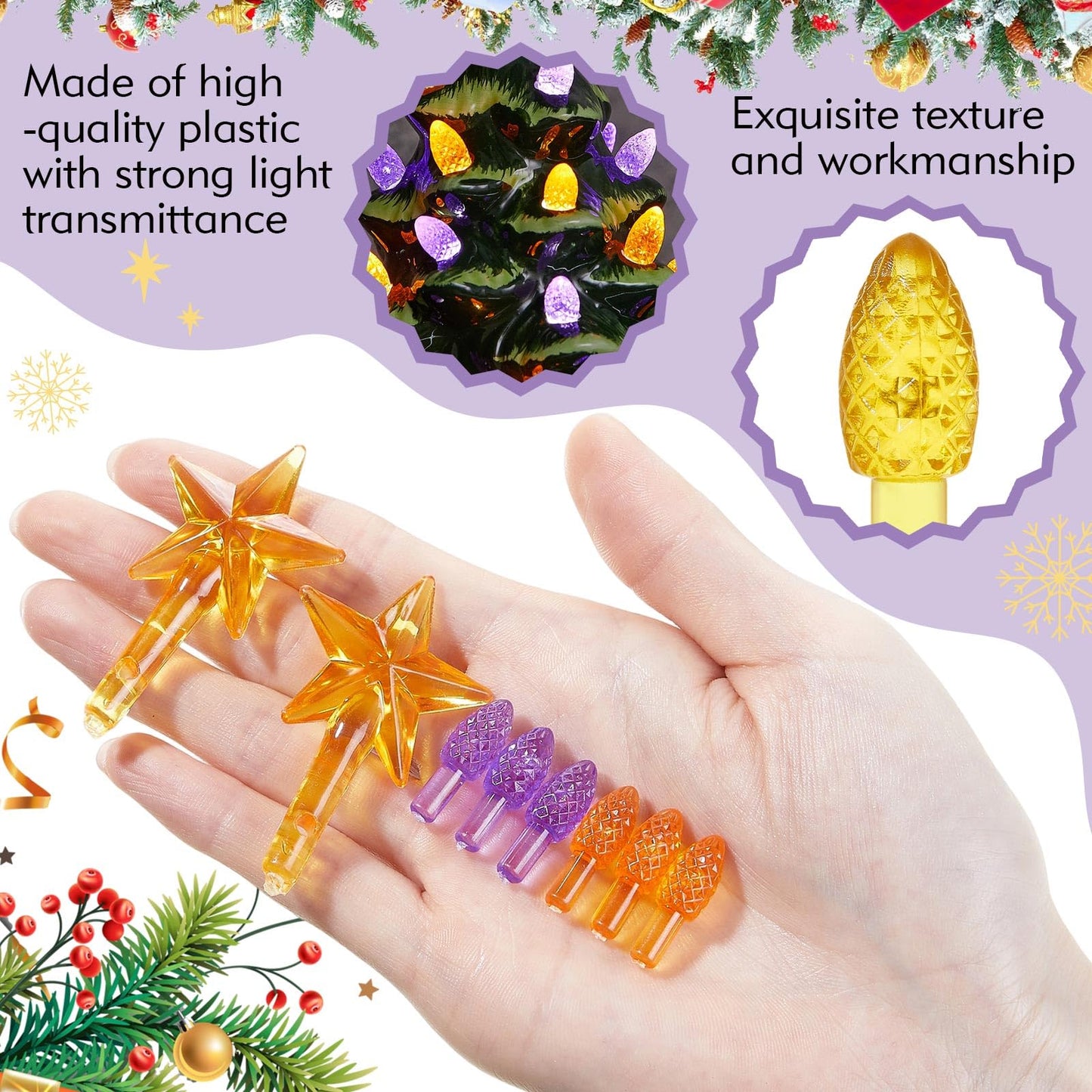 Boao Ceramic Christmas Tree Bulbs - 100 Pieces, 4mm Diameter, Purple and Orange, Includes 5 Stars Replacement Bulbs, Model MA-Boao-5134