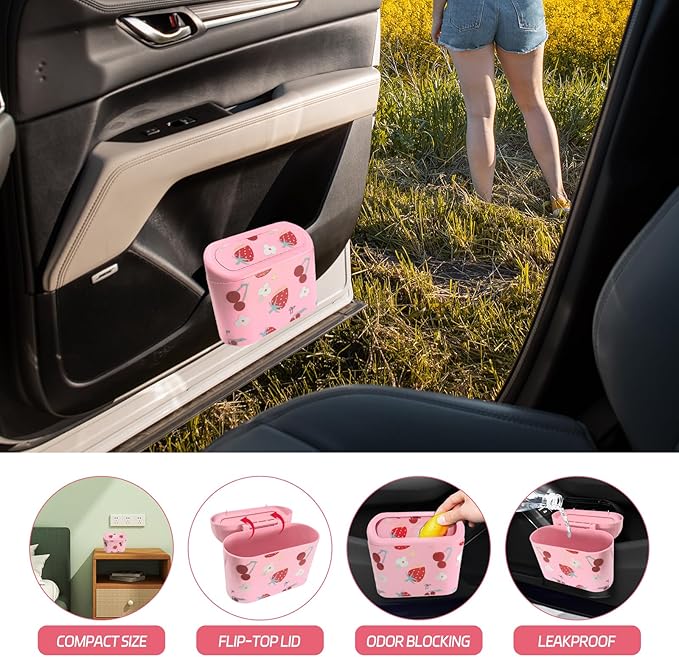 Mini Car Trash Can with Lid – Cute Strawberry Pink Trash Can for Women with 5 Bags, Girly Automotive Organizer for Front and Back Seat, Car Accessories for Teen Girls, SUV, Truck, Sedan