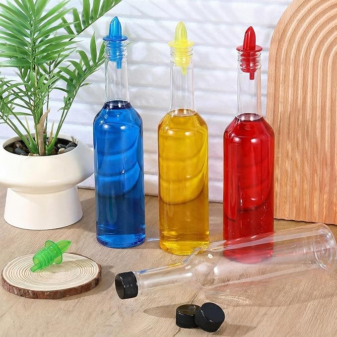 Tioncy 4 Sets 15oz Plastic Liquor Bottles with Pourers Sets 4 Plastic Long Neck Syrup Bottles with Pourer and Caps Reusable Leakproof for Home Party Bar(Red, yellow, blue, green)