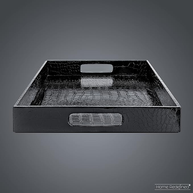 Black Leather Serving Tray with Handles, Glossy Faux Crocodile Print, 17.5x12 Food Drinks Tray for Coffee Table, Breakfast, Dinner & Bar, Decorative Storage Tray for Ottoman, Kitchen, Bedroom, Gift.