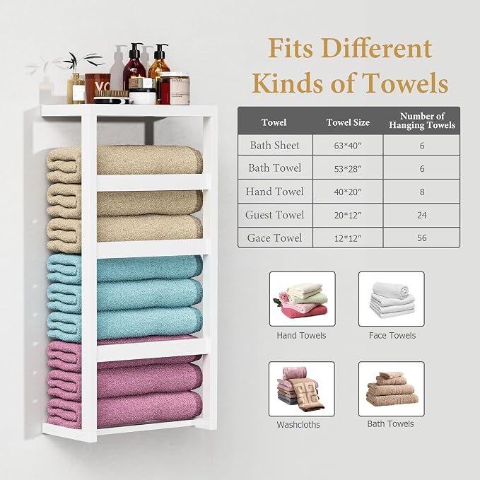 Bamboo Wall Blanket Ladder, 4-Tier Towel Racks, Bamboo Bath Towel Racks for Bathroom Wall Mounted, Decorative Blanket, Quilt, Towel, Scarf Ladder Shelves for Bathroom, Living Room, Bedroom，White
