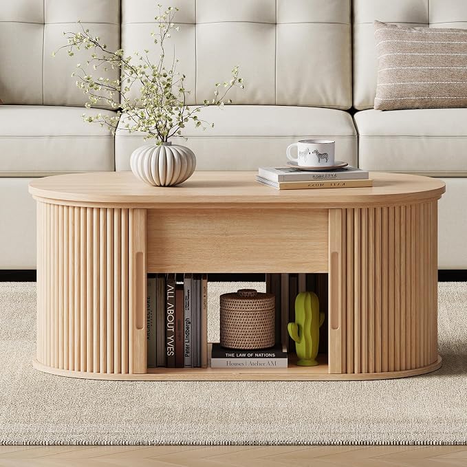 LINSY Lift Top Coffee Table, Oval Fluted Coffee Table with Storage, Boho Wooden Coffee Tables with Sliding Tambour Door, 39" Center Table for Living Room, Office, Small Space, Natural Oak