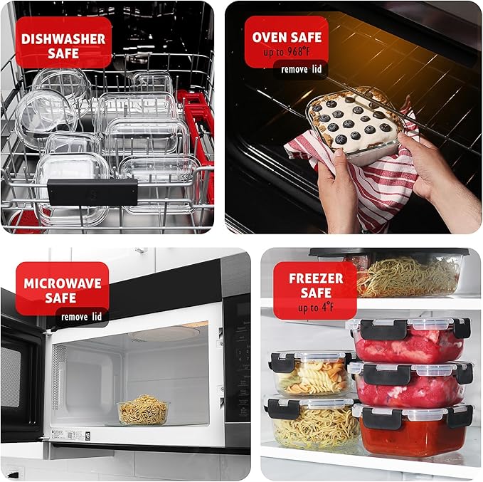 Nestl 48pc Glass Storage Containers with Lids, 24 Glass Food Storage Containers with 24 Airtight Lids for Pantry & Kitchen, Meal Prep Containers for Lunch, Oven Microwave & Dishwasher Safe, Black