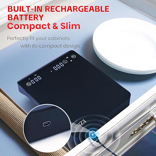 Multifunctional Coffee Scale Features high Precision sensors with 0.1g Sensitivity, Dual LCD, Rechargeable Battery, Tare Function, 4 Weighing Modes, and USB-C Charging