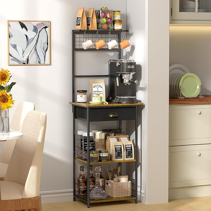 5 Tier Coffee Bar Station with Drawer, Kitchen Stand with 4 S-Shaped Hooks, Farmhouse Corner Coffee Bar Cabinet for Small Spaces, Bakers Rack for Kitchen, Living Room, 13.43" D x 18.93" W x 53.31" H