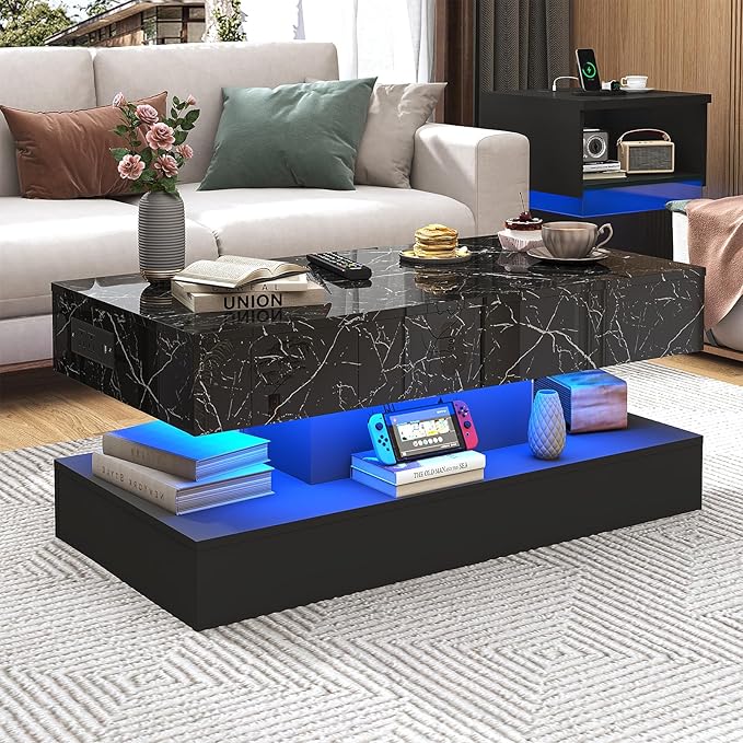 47.2" Large Lift Top Coffee Table, Modern LED High Glossy Coffee Table with Charging Station, Lights, Hidden Compartment Storage, Lift Center Tables for Living Room, Home Office, Black