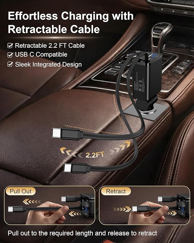 Retractable Car Phone Charger for Samsung S26 S25 Android, 4 in 1 Fast USB C Car Charging Adapter with 2 Flexible USB C Cable, USBC Cigarette Lighter Gift for Men Car Gadgets Electronics Accessories