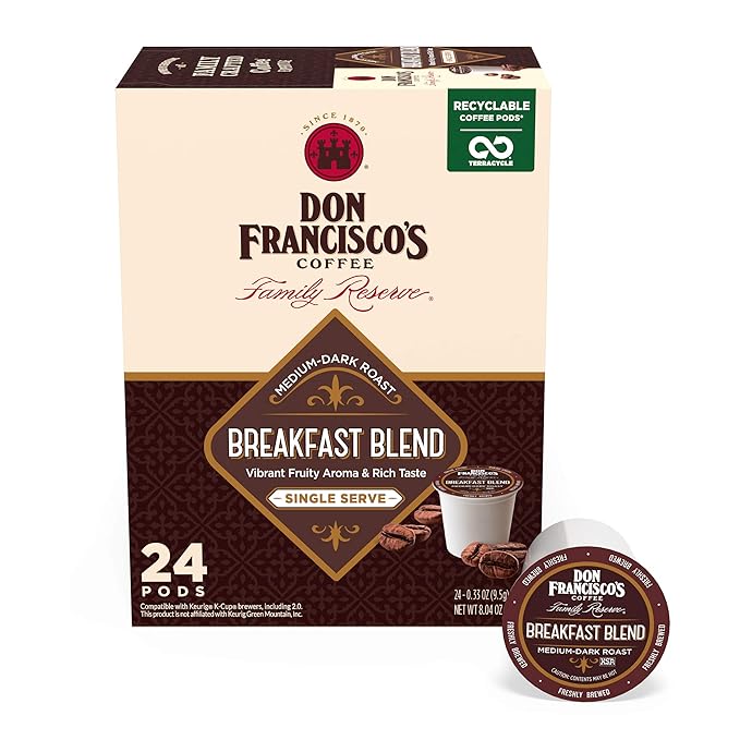 Don Francisco's Breakfast Blend Coffee Pods, 24 Count, Medium-Dark Roast, Compatible with Keurig Brewers