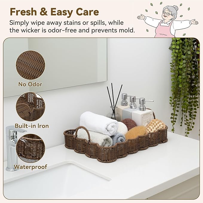GRANNY SAYS Wicker Decorative Scalloped Trays for Home Decor, Coffee Table Trays with Handles, Woven Rattan Tray for Kitchen Counter, Rectangle Serving Tray Decor for Living Room, Ottoman, Brown