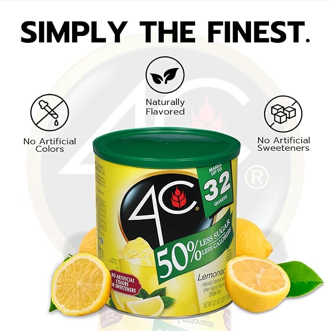 4C Reduced Sugar Powdered Drink Mix Canisters, Iced Tea 1 Pack, 28 Quarts, Family Sized Canister, Thirst Quenching & Refreshing Flavors (Lemonade, 33.1 Ounce (Pack of 1))