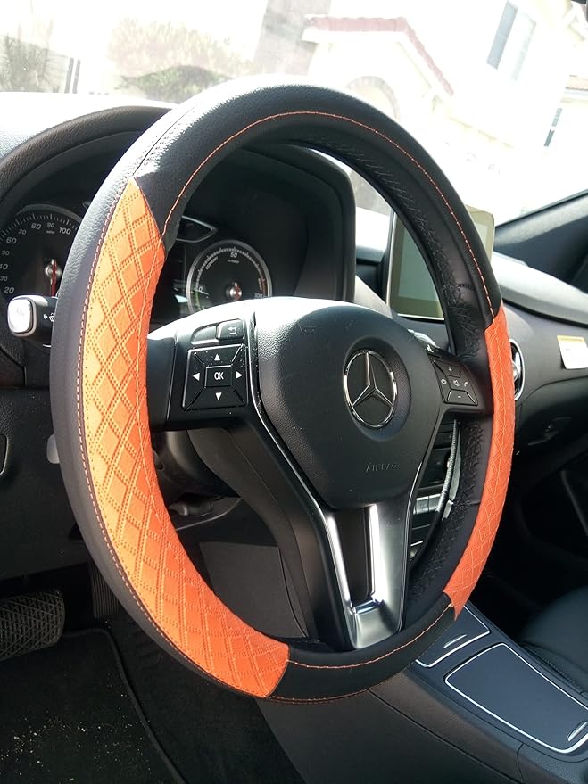 Jdragon Black & Orange PU Leather Great Comfort Slip-On Steering Wheel Cover 14.25-15" Diameter