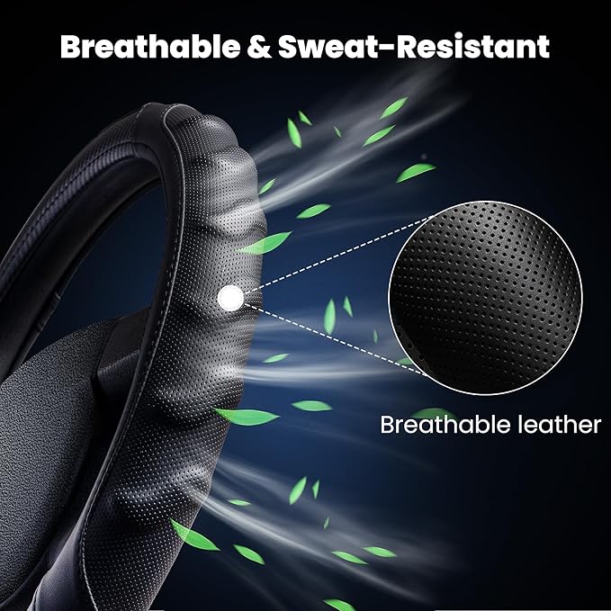 Carbon Fiber Steering Wheel Cover – 15 Inch Universal Fit for Cars & SUVs – Anti-Slip Grip, Breathable Leather Texture, Sporty Carbon Fiber Look – Premium Car Interior Accessories – Black
