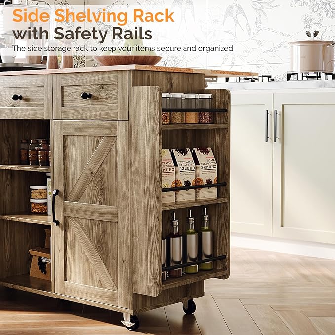 VINGLI Kitchen Island with Storage, 52" Rolling Kitchen Cart with 3 Drawers & Shelves, Drop Leaf Design, Mobile Island with Barn Doors, Towel & Spice Rack for Kitchen & Dining, Grey Brown Oak