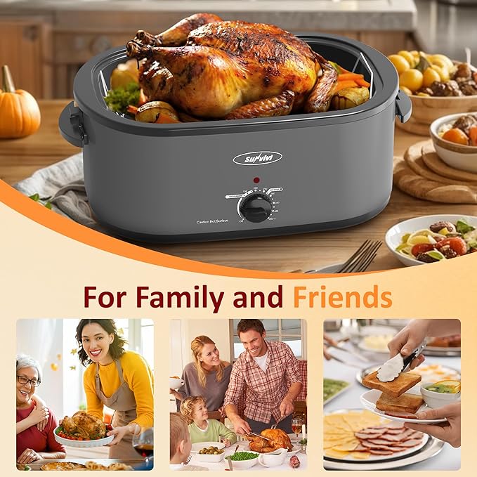 Sunvivi Electric Roaster, 28-Quart Electric Roaster Oven featuring a Glass Lid, Ideal for Turkey Roasting with Self-Basting Cover, Detachable Pan, Cool-Touch Handles, Grey