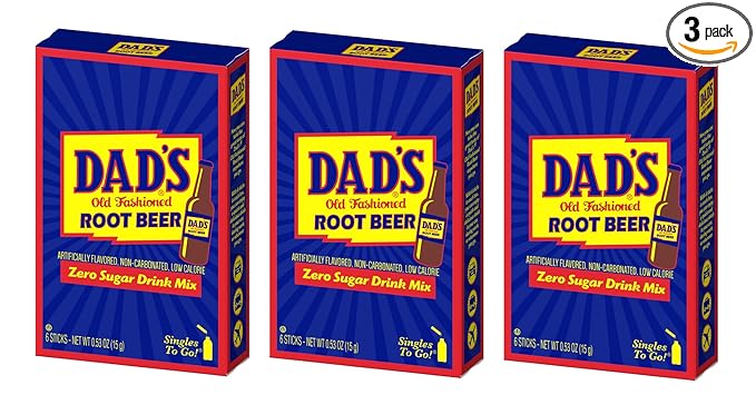 SINGLES TO GO! Dad's Old Fashioned Root Beer - Sugar Free Powdered Drink Mix - 3 Boxes with 6 Sticks Per Box - 18 Total Packets - Low Calorie - 0.53 Ounce (Pack of 3)