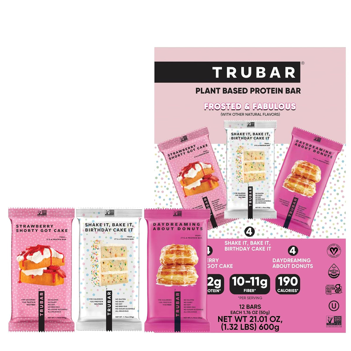 TRUBAR Vegan Protein Bars, Frosted & Fabulous Variety Pack, Donuts, Strawberry Shortcake & Birthday Cake, Gluten Free, Plant Based, High Fiber, Dairy Free, On the Go Healthy Snacks, 12 Count