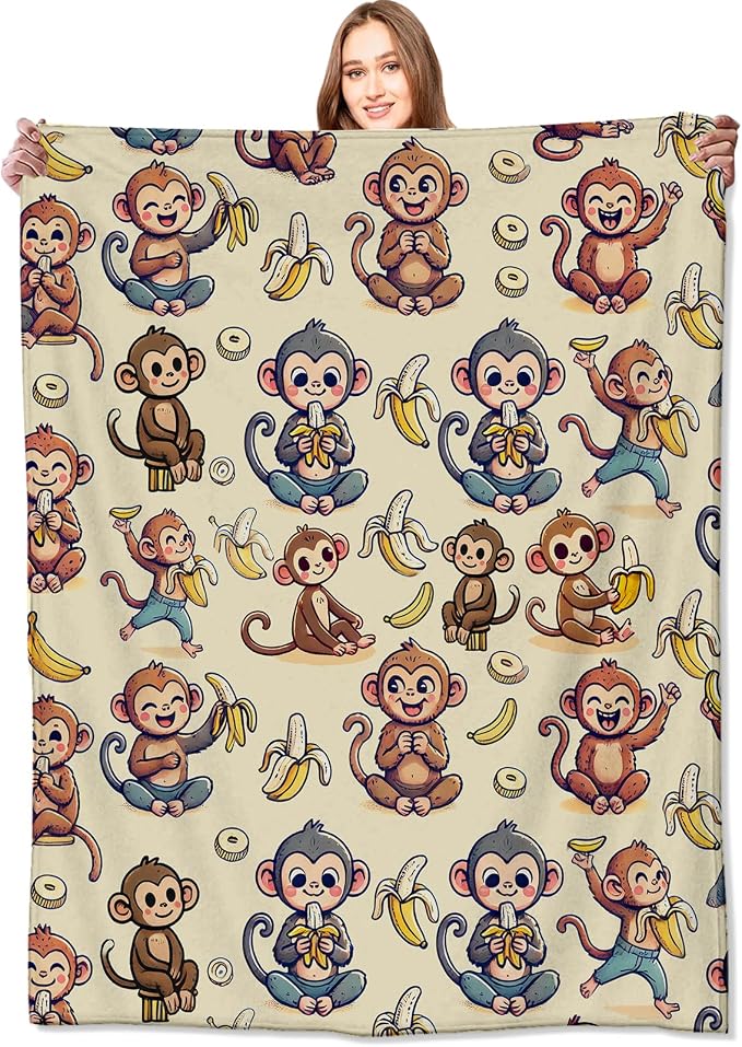 Monkey and Banana Blanket,Fun Cartoon Jungle Theme Throw Blankets,Birthday Gifts for Kids & Animal Lovers,Lightweight Soft Fleece,for Picnic Sofa Couch Bed Room Travel,Modern Decor,40x50in