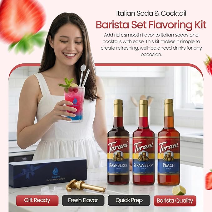 Jimoco Barista Set – Torani Raspberry, Strawberry & Peach Syrups (25.4 oz Each) with 3 Jimoco Syrup Pumps, Reusable Cups, Straws & Stirrers – Coffee, Italian Soda & Cocktail Flavoring Kit
