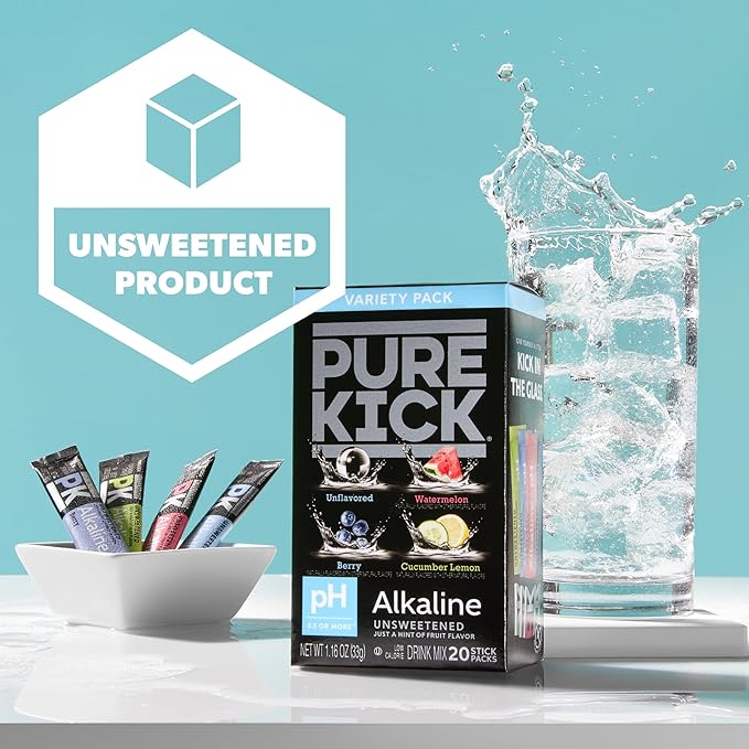 Pure Kick Alkaline Singles to Go! Powdered Drink Mix, 20ct Variety Pack, Unsweetened with a Hint of Flavor - Watermelon, Berry, Cucumber Lemon and Unflavored, 20 Servings (Pack – 1)