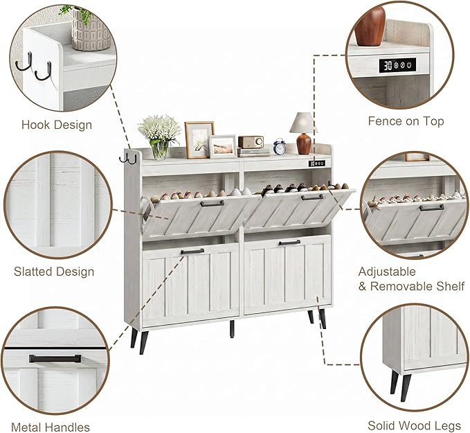 ChooChoo Shoe Storage Cabinet with 4 Flip Drawers, Deodorizing Shoe Organizer Storage for Entryway, Freestanding Hidden Slim Narrow Shoe Rack Cabinet, Antique White