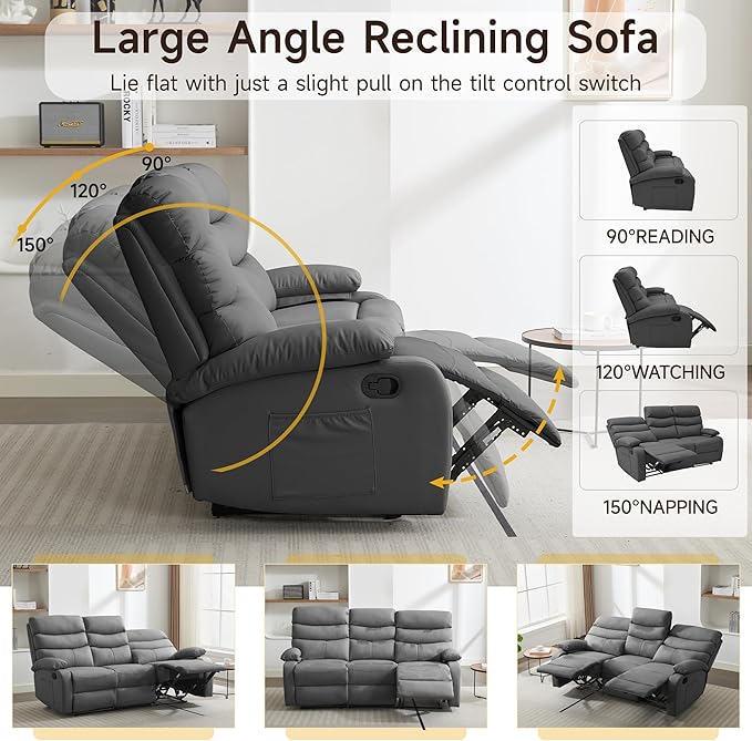3 Seater Recliner Sofa Set, Anti-Scratch Reclining Loveseat Sofa & Couch for Living Room, RV, Home Theater Apartment(Grey, 3 Seater Sofa)