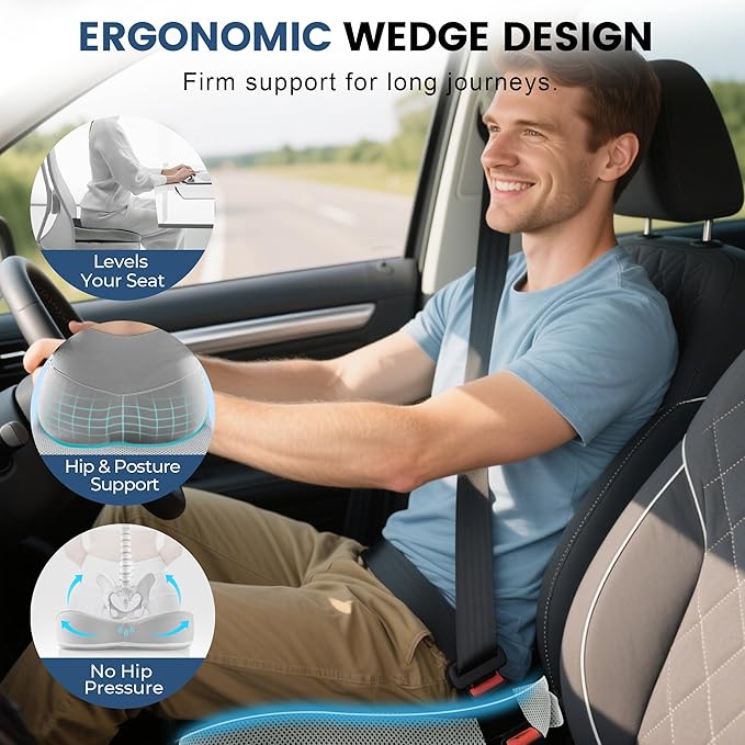 Seat Cushion for Office Chair, Wedge Car Seat Cushion, Memory Foam Truck Seat Cushion for Sciatica Tailbone Pain Relief, Long Driving, Coccyx