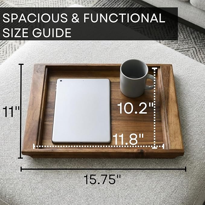 Wood Serving Tray with Handles - Large Acacia Wooden Tray for Coffee Table Ottoman Kitchen Counter - Decorative Food Tray Serving Platter - Rectangle Dinner Tray 15.7"x11"