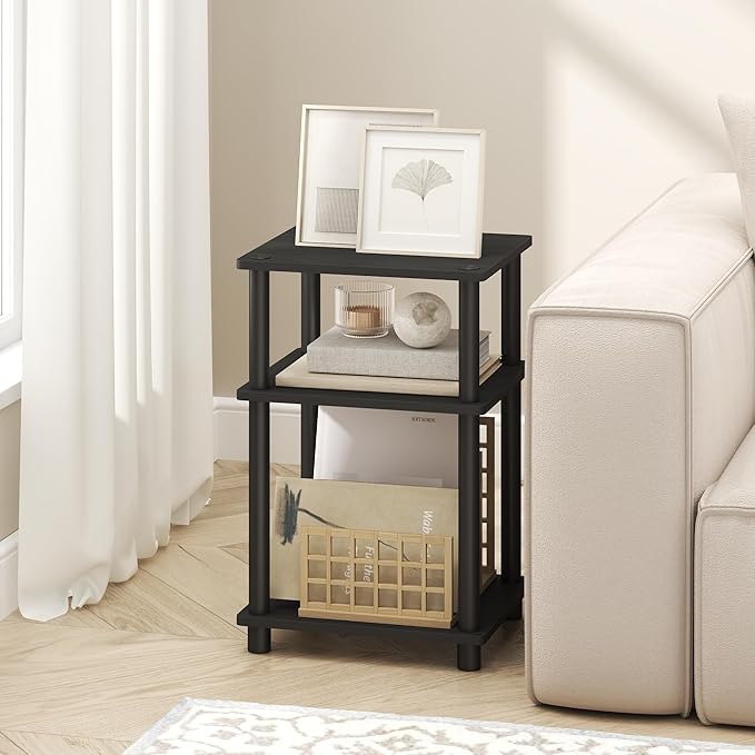 Furinno Turn-N-Tube Side Table, 3-Tier End Table with Open Shelf, Toolless Assembly Night Stand, Bedside Table, for Living Room, Bedroom, Dark Americano