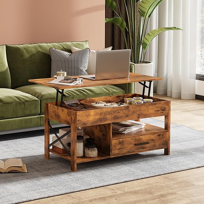 WLIVE Lift Top Coffee Table, 39" Coffee Table with Storage Drawers, Hidden Compartment, Wooden Lift Tabletop Center Table for Living Room, Home, Rustic Brown