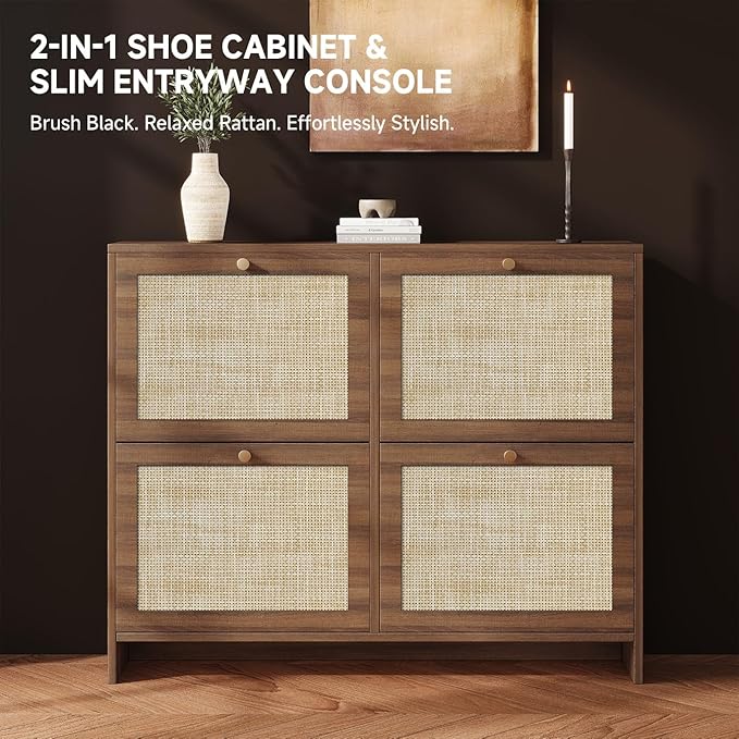 Nicetree Shoe Cabinet Storage for Entryway, 4-Flip Drawer Narrow Shoe Rack, Organic Modern Rattan Shoe Organizer with Gold Legs, Shoe Organizer Fits Men's Size 13.5, Toasted Caramel Walnut