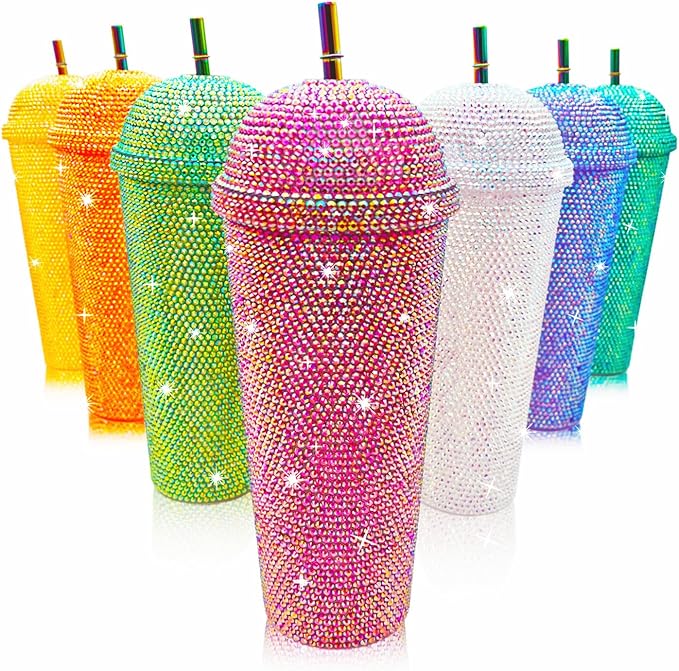 24oz Bling Cup Handmade Rhinestones Studded Tumbler Double Wall Insulated Plastic Reusable Water Bottle with Lid and Straws for Home Office Party Beach(Orange)