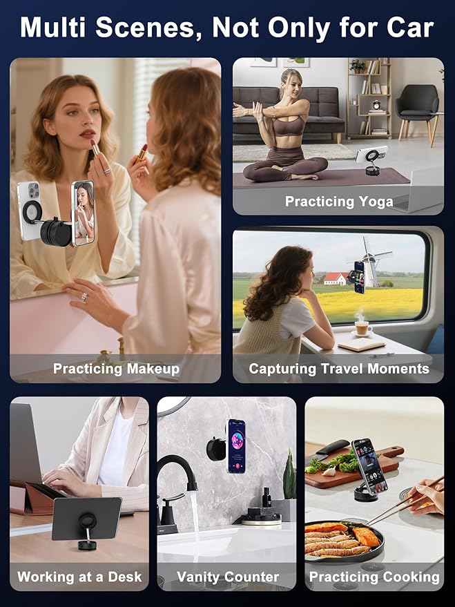 Vacuum Magnetic Phone Holder, Magnetic Phone Holders for Car, Suction Cup & Strong Magnet & 360°Adjustment, Magsafe Magnetic Mounts Accessories for iPhone 12-17(Black)