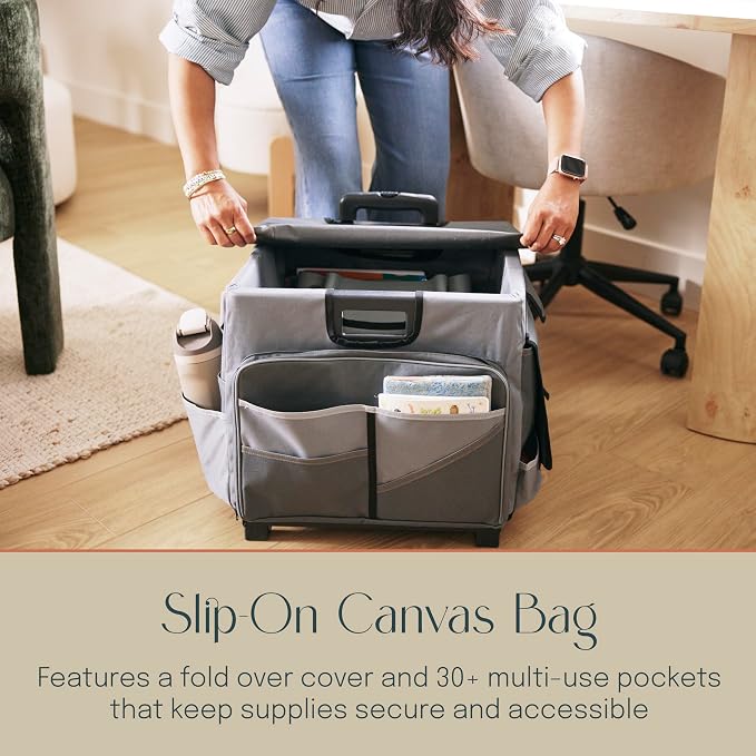 Mobile Folding Utility Cart with Canvas Storage Organizer Bag, Rolling Cart, Dark Grey/Grey