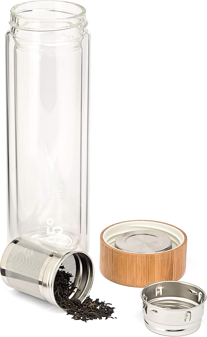95° Double-Wall Glass Tea Bottle with Removable Stainless Steel Infuser - BPA and BPS Free, Insulated and Leakproof Travel Tumbler for Loose Leaf Tea, Coffee, Fruit - Eco-Friendly (15oz/450ml)