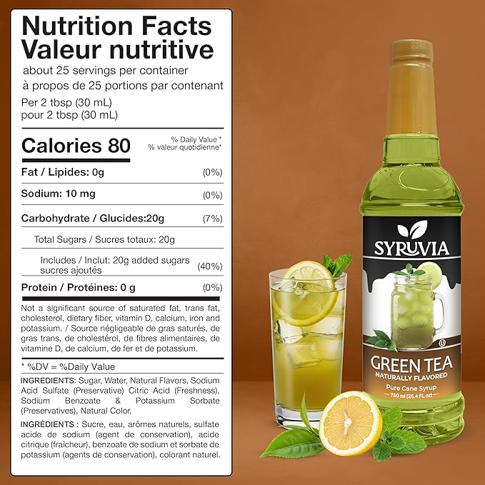 Syruvia Green Tea Flavored Syrup for Drinks, Cocktails, Lemonades, Iced Teas and Desserts – 25.4 fl oz