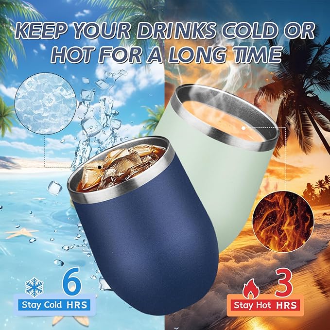 12oz Stemless Wine Tumbler with Lid Double Wall Insulated Wine Cup Stainless Steel Glasses Tumbler with Straw Insulated cocktail Tumbler Coffee Mug for Hot and Cold Beverages (Multicolor-3,4Pack)