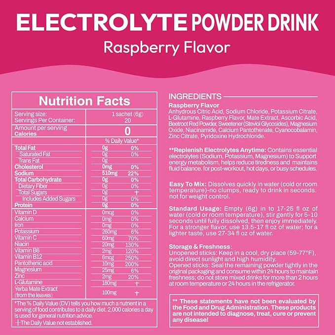 Electrolyte Powder Packets, Hydration Packets 20 Stick, Sugar Free Electrolytes for Rapid Recovery, Electrolyte Powder Drink Mix with Yerba Mate - Gluten Free, Keto Friendly, Vegan