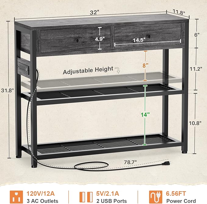 Ecoprsio Entryway Table with Outlets and USB Ports, Small Console Table with 2 Drawers, Sofa Table with Storage Shelves for Living Room, Couch, Hallway, Foyer, 32'', Grey Oak