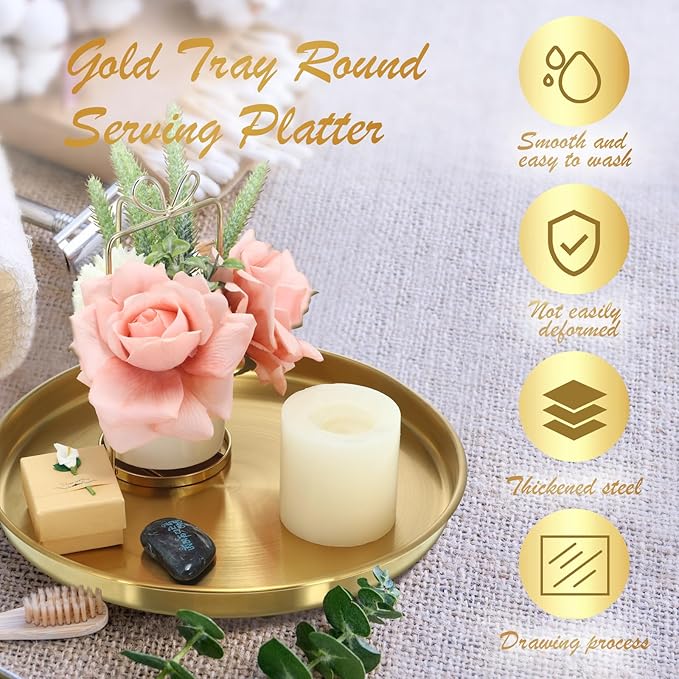 Thenshop 1 Pcs 12 Inch Gold Round Serving Tray Stainless Steel Circle Decorative Vanity Gold Plate Metal Jewelry Makeup Organizer Dishes for Gift Wedding Coffee Table Bathroom Dessert Christmas