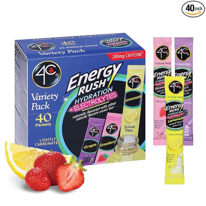 4C Energy Rush PSD with Electrolytes Variety Pack Stix, 40 ct (14 Lemonade, 12 Strawberry/14 Grape)