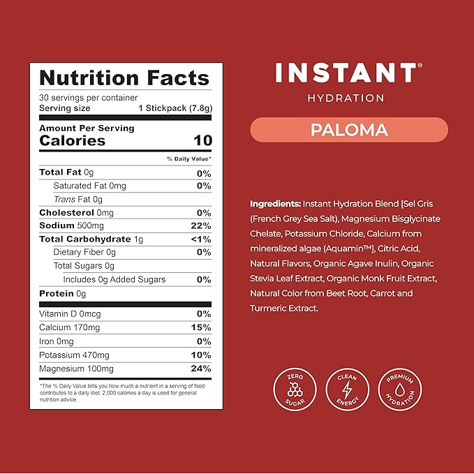 Instant Hydration Electrolytes Powder Packets - Paloma Electrolyte Drink Mix - Zero Sugar - Keto, Vegan, Gluten-Free, Non-GMO - Boost Recovery, Brain Health, Muscle & Tissue Support- 30 Sticks